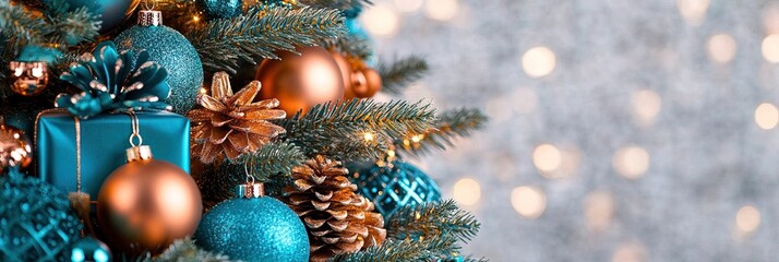 professional photo of Christmas Tree with copper Decorations And turquoise Gift 