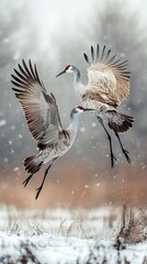 Obraz premium Wild fight between Sandhill cranes mid-air in countryside field.