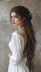 Fototapeta premium A woman with long brown hair and a white dress