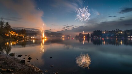 Bright fireworks explode against a dark sky, reflecting beautifully on the calm lake waters, creating a festive atmosphere for nearby residents enjoying the celebration