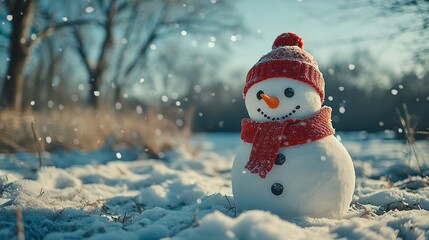 Obraz premium A cheerful snowman with a red hat and scarf stands in a snowy field with falling snow.