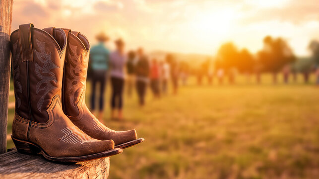 Worn leather cowboy boots sit on a fence post overlooking a blurred crowd of people gathered for a rodeo at sunset