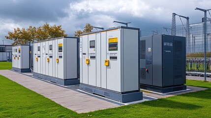 Rows of industrial electrical cabinets in a field.