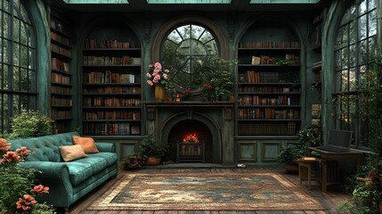 Obraz premium Cozy Library with Fireplace and Greenery