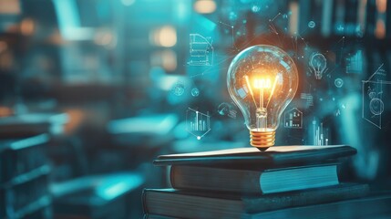 Bright Idea Over Books in Modern Library Setting