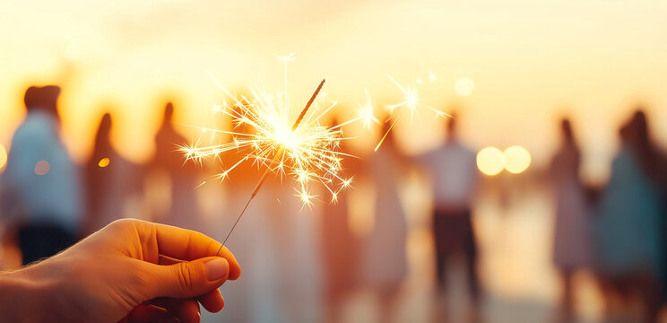 Friends celebrating at a beach party at sunset with a sparkler in hand
