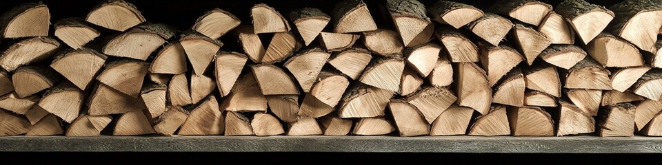 Fototapeta premium Stacked firewood on shelf, neatly arranged, rustic texture
