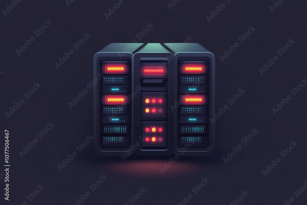 Poster brightly lit servers with blinking indicators create a dynamic atmosphere within a dark data center 