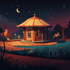 Overview of hut at the night . landscape 