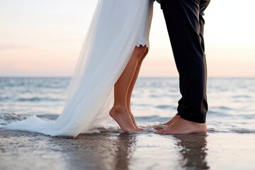 A bride and groom stand on sandy beach in wedding attire, the soft sunset illuminates them, capturing a serene and timeless romantic moment by the ocean waves.