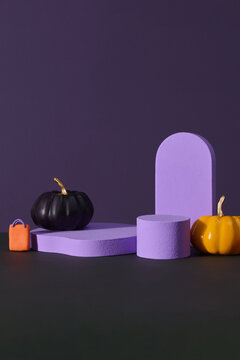 Halloween Pumpkin Display on Purple Pedestals