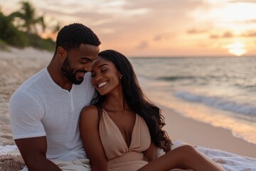 Obraz premium A joyful couple relaxes on a beach during sunset, reflecting their shared happiness and affection as they enjoy this serene and picturesque moment together.