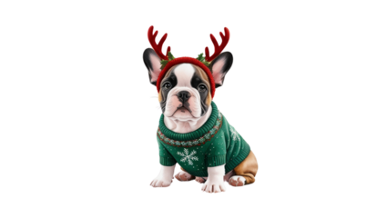 Adorable French Bulldog Puppy in Christmas Sweater and Antlers. Generated with AI