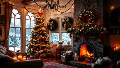 A cozy winter wonderland scene of a Christmas room, adorned with twinkling fairy lights.