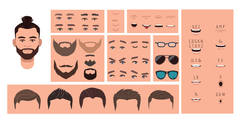 Man face constructor, avatar of male character creation hairstyle, nose, eyes with eyebrows and lips. Facial elements for construction. Cartoon set suitable for animation and lip sync speaking.