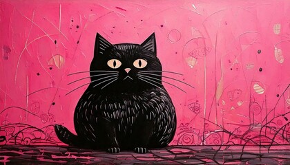 black cat illustration on pink background  14