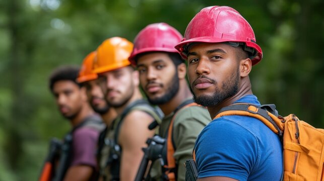 A group of young men wearing hard hats and carrying equipment stands in formation in a wooded area, exuding teamwork, dedication, and concentration during an outdoor activity