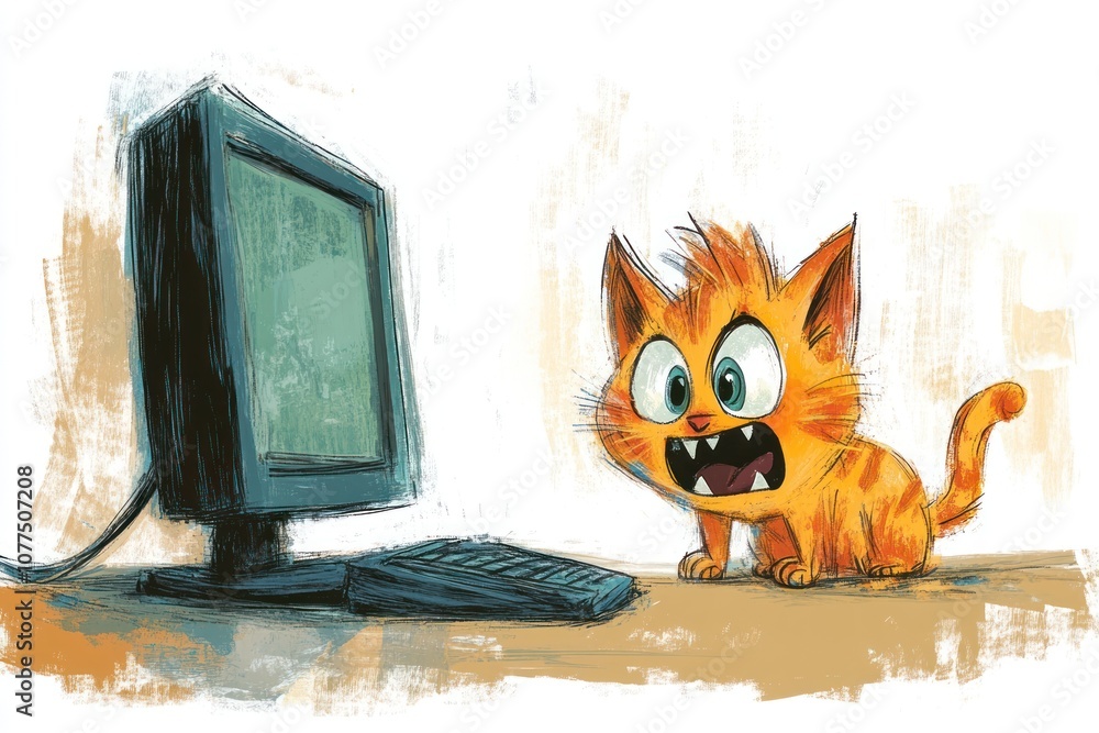 Poster a cartoon cat with a shocked expression looking at a computer monitor.