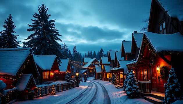 A serene winter wonderland scene of a quaint, snow-covered village at dusk, with twinkling string lights and festive holiday decorations.