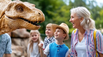 Obraz premium A grandmother shares a smile with children as they gaze in awe at a realistic dinosaur model in a vibrant park setting filled with greenery and sunlight