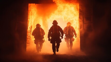 Fototapeta premium Brave firefighters navigate through intense flames and smoke, demonstrating courage and teamwork as they respond to an emergency during a nighttime operation