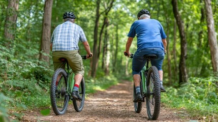 Fototapeta premium Two older men ride their bicycles along a winding forest path, enjoying the fresh air and peaceful surroundings while immersed in nature on a sunny day