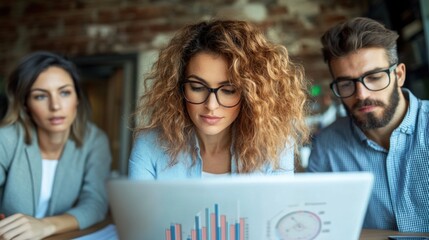 A team of three individuals engages in a focused discussion about data analysis while reviewing graphs on a laptop screen in a modern, rustic office