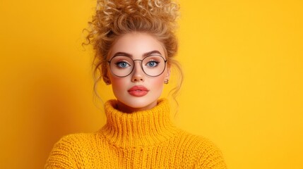 young woman stands confidently, showcasing her curly blond hair, large glasses, and a cozy yellow turtleneck. bright background enhances her striking features and stylish look
