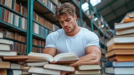 In a spacious library, a focused young man reads a book while surrounded by towering stacks of literature. tranquil atmosphere enhances his concentration