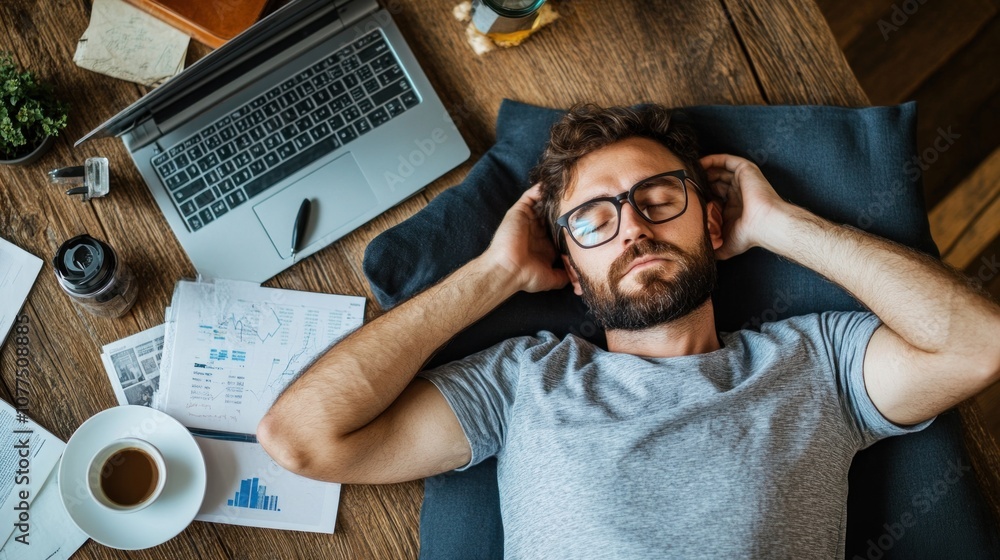 Poster programmer relaxing with a coffee after fixing a major bug, moments of relief and satisfaction in a 