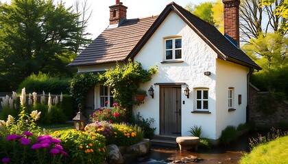 Fototapeta premium A quaint, old-fashioned, white-washed cottage with a steeply pitched roof, surrounded by lush greenery and vibrant flowers, set against a warm, sunny backdrop.