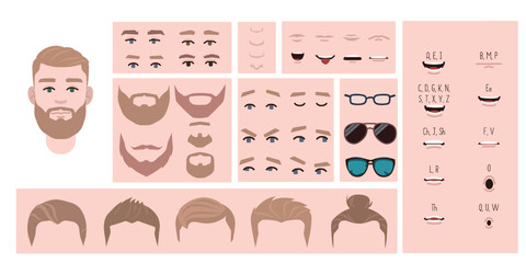 Man face constructor, avatar of male character creation hairstyle, nose, eyes with eyebrows and lips. Facial elements for construction. Cartoon set suitable for animation and lip sync speaking.