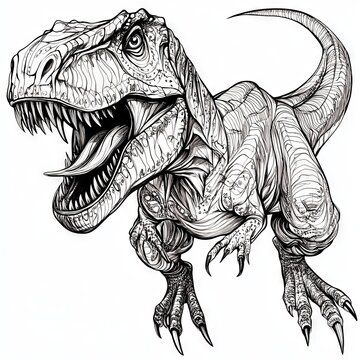 recommend clip art: A detailed line drawing of a Tyrannosaurus Rex dinosaur.