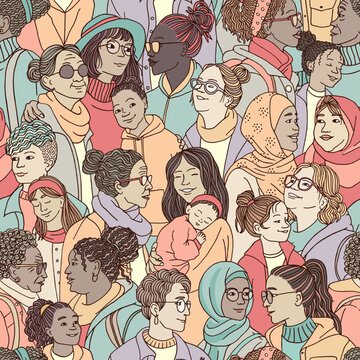 Seamless illustration of diverse women and girls