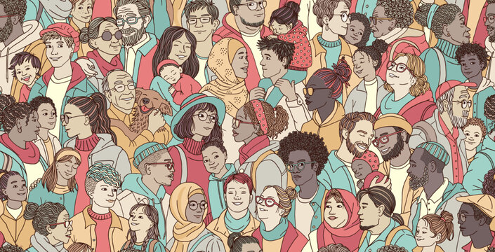 Seamless banner of diverse adults and children, talking to each other