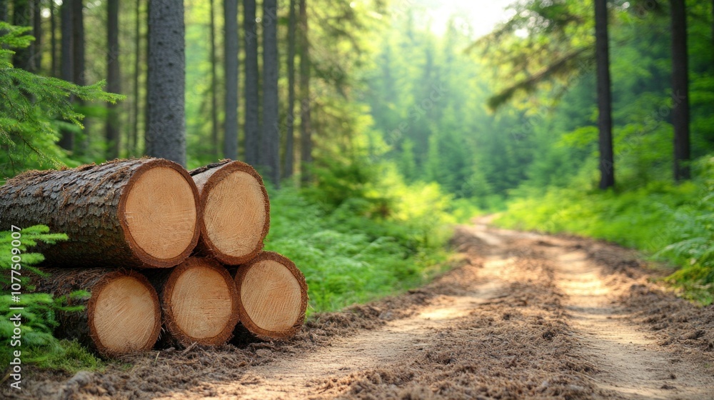 Poster sunlight filters through tall trees in a lush forest, illuminating a stack of logs beside a winding 