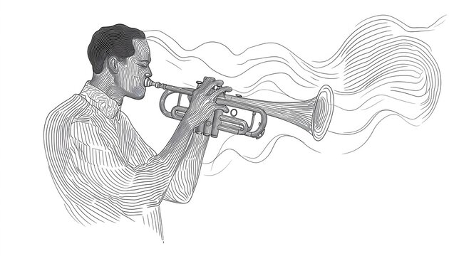 man playing trumpet, black and white line art clip art preview