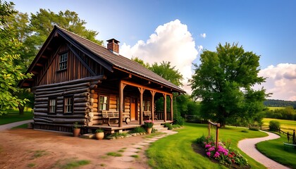 Fototapeta premium A quaint, rustic, wooden house with a sloping roof, surrounded by lush green trees and a winding dirt path, under a warm.