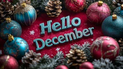 Hello december greeting card with christmas ornaments and pine cones framing the text
