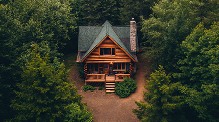 A charming wooden cabin nestled in a Canadian forest. The house is made of logs and has a porch, patio, and driveway. It's surrounded by peaceful nature.