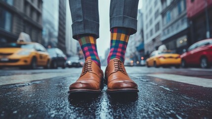 Businessman wearing colorful socks and elegant shoes in new york city