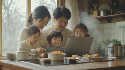 A modern family of four spending quality time together at home, A modern family of four spending quality time together at home, with the father cooking and following a recipe on his laptop, while prep