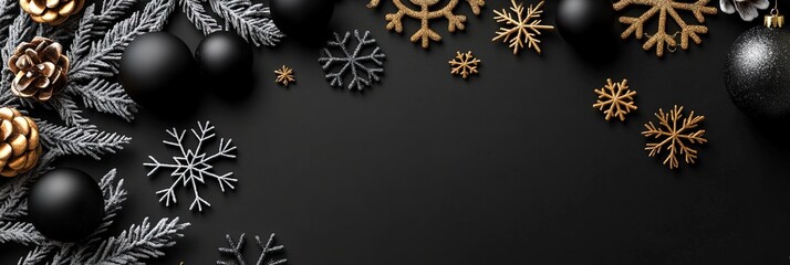 black christmas background with snowflakes and christmas balls 