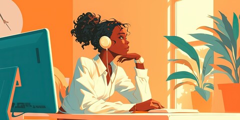 anime of a thin african american girl wearing a white suit sitting at computer,