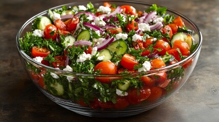 Fresh salad with tomatoes, cucumbers, red onions, parsley and goat cheese in a glass bowl