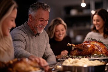 A family gathered around a table shares a Thanksgiving meal featuring a magnificent turkey, creating a scene of warmth, happiness, and togetherness under gentle lighting.