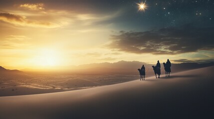 Fototapeta premium The three wise men from the nativity story journeying across the desert, guided by a bright star in the sky, celebrating the Epiphany and the holiday of Three Kings Day