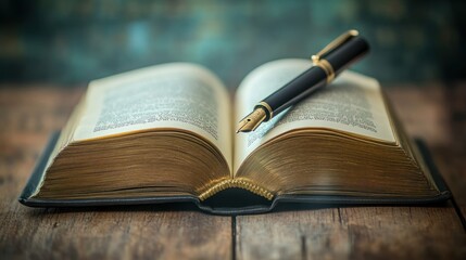 Obraz premium Open Book with Pen on Wooden Surface