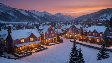 Fototapeta premium Snowy Twilight Village with Warmly Lit Cottages, Chimney Smoke, and Serene Winter Charm