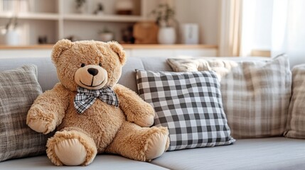 Large teddy bear with open arms, leaning on a pillow on the couch. generative ai